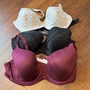 Victoria's Secret Lace and Satin Bra Trio - Black, Cream, Burgundy